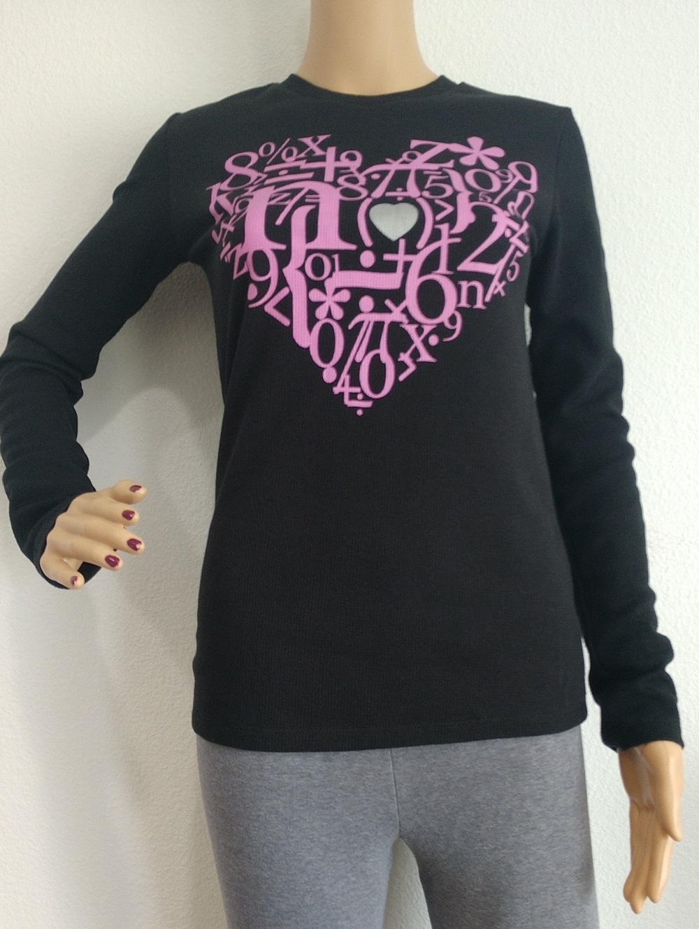 Black Long-Sleeve Tee with Pink Heart Graphic